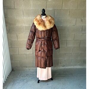 Vintage Canadian Trail Women's Brown Long Puffer Coat Faux Trim Belted Size M